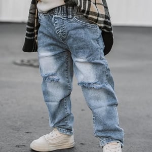 LB Relaxed Fit Distressed Jeans - Denim