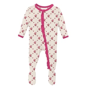 KicKee Pants Classic Ruffle Footie with Zipper - Natural Rose Trellis