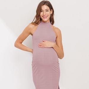 Halter Maternity Midi Dress with Side Slit-Keyhole Back