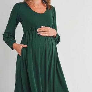 U Neck Puff Sleeve Maternity Dress with Pockets - Green