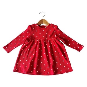 Organic Waffle Simple Dress - Red with Little White Hearts 