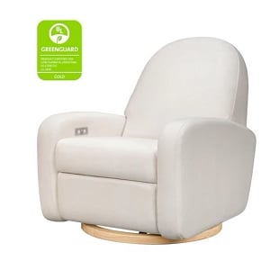 Nami Electronic Recliner & Swivel Glider Recliner in Eco-Performance Fabric with USB Port - Cream Eco-Weave with Light Wood Base