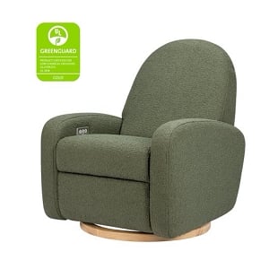 Nami Electronic Recliner & Swivel Glider Recliner in Boucle with USB Port - Olive Boucle with Light Wood base