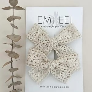 Pigtail Bow Clip Set - Cream Lace