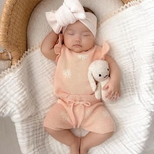 Organic Knit Short Set - Coral Daisies
