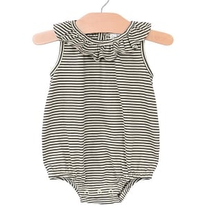 City Mouse Combed Jersey Frill Collar Romper - Stripe Charcoal