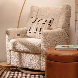 Babyletto Kiwi Electronic Recliner and Swivel Glider - Almond Teddy Loop with Light Wood Base