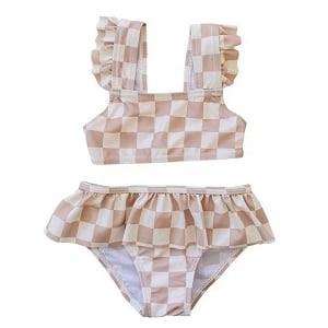 Ruffle Bikini Set - Taupe Checkered