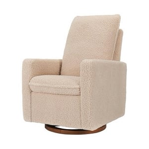 Babyletto Cali Pillowback Swivel Glider in Boucle - Chai Shearling with Dark Wood Base