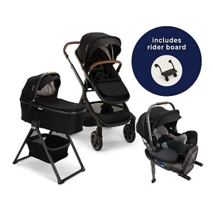 Nuna DEMI Next Stroller with Rider Board + DEMI Grow Bassinet with Stand + PIPA RX Travel System Bundle - Caviar