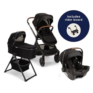 Nuna DEMI Next Stroller with Rider Board + DEMI Grow Bassinet with Stand + PIPA urbn Travel System Bundle - Caviar