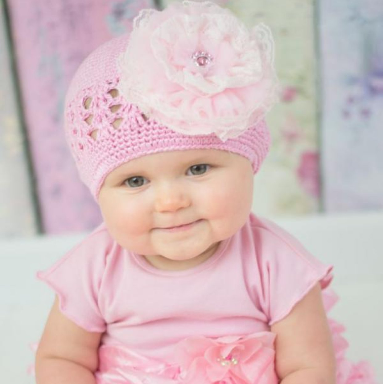 Candy Pink Crochet Hat with Pale Pink Lace Rose