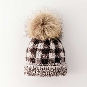 Grey Buffalo Check Pom Beanie