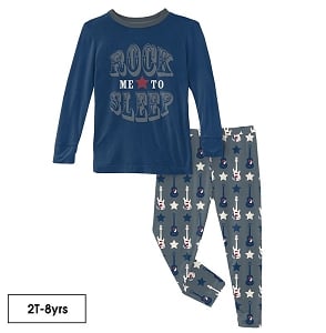 Kickee Pants Graphic Tee Pajama Set- Slate Guitar and Stars