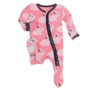 Kickee Pants Muffin Ruffle Footie with Zipper - Strawberry Forest Rabbit