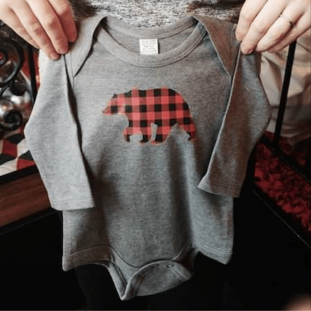 Buffalo Plaid Bear Long Sleeve Grey Onesie